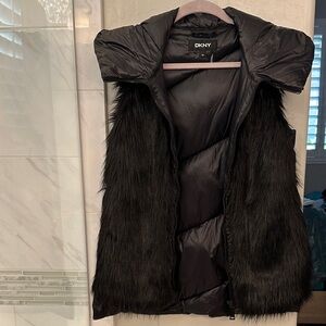 DKNY Black Faux Fur Vest with hood. EUC